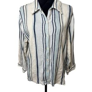 Elan | Cream and Blue Striped Button-Down Shirt with Embroidery | Sz S